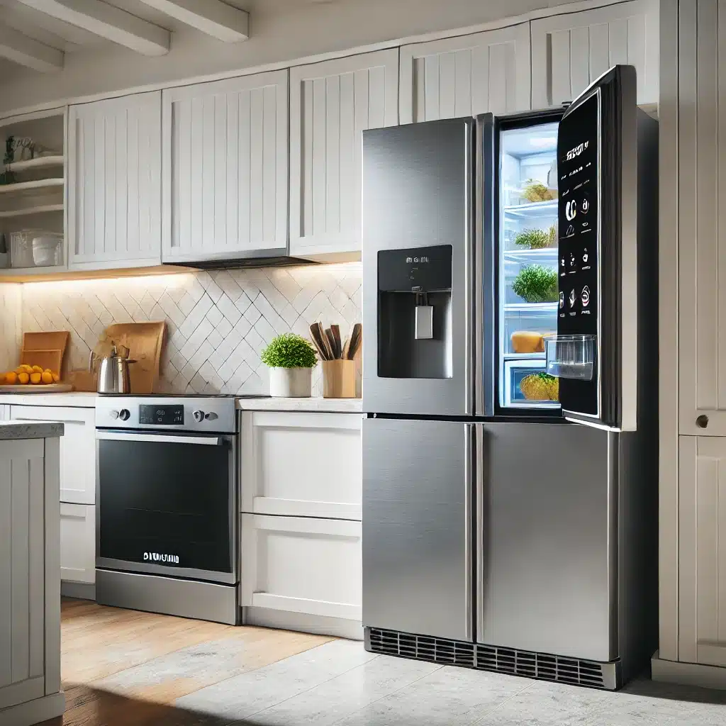 DALL%C2%B7E 2024 12 25 11.58.42 A sleek and modern Samsung refrigerator in a well lit contemporary kitchen. The refrigerator has a smart touchscreen display on one of its doors with