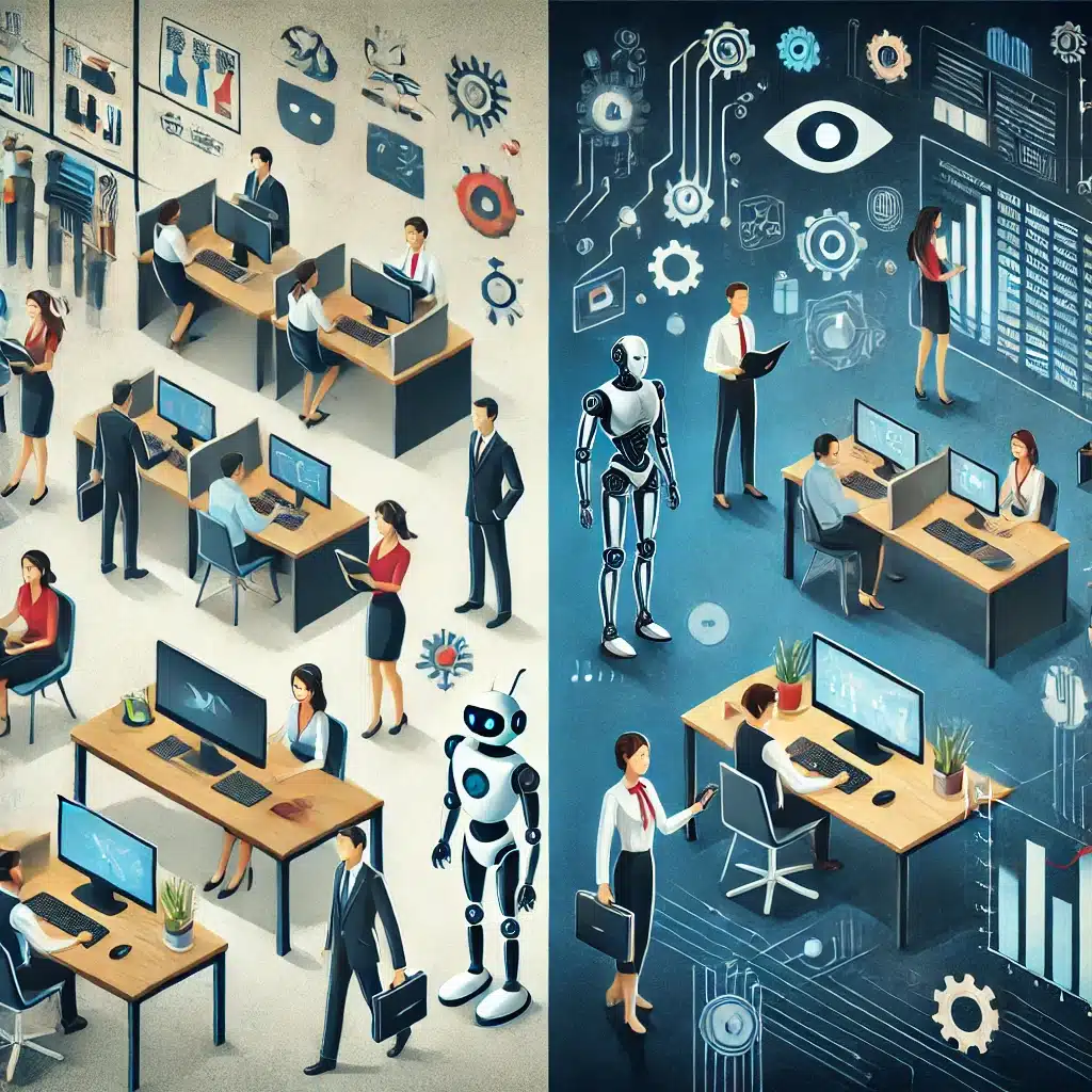 DALL%C2%B7E 2024 12 29 13.50.59 A modern office environment showing both human workers and AI powered machines working side by side. On one side there are employees using computers 1 1